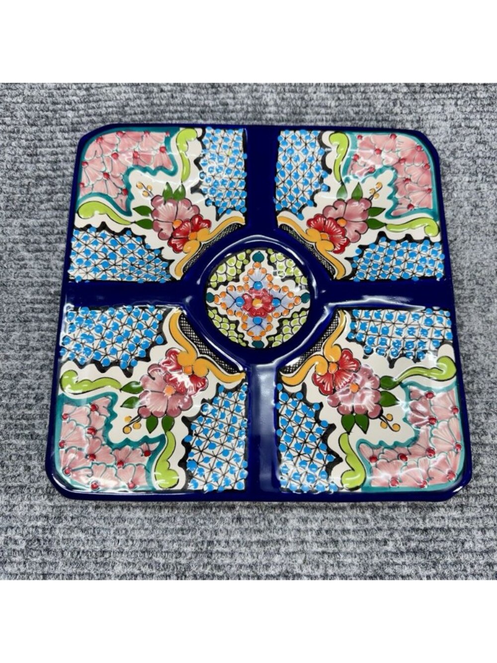 Mexican Talavera Square Pottery Serving Platter 5 Section Dish Tray Lead Free